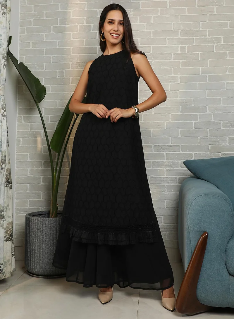 QISSA Women's Midnight Black Ditsy Floral Kurta Set For Casual Wear | Halter Neck | Sleeveless | 2 Piece Kurta Set Designed With Comfort Fit For Everyday Ethnic Wear